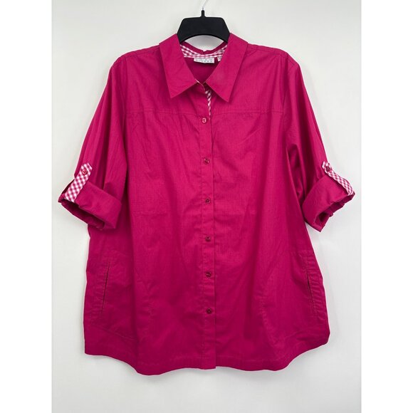 Joan Rivers 3/4 Roll Tab Sleeve Boyfriend Button Shirt Gingham Detail Pink XL - Picture 1 of 7